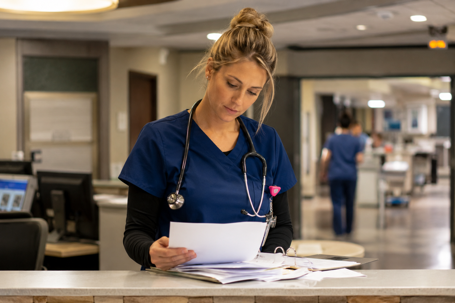 Nurse reviewing paperwork at a hospital nurses' station