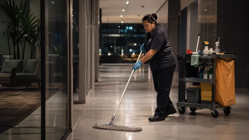 Janitorial worker cleaning a commercial building